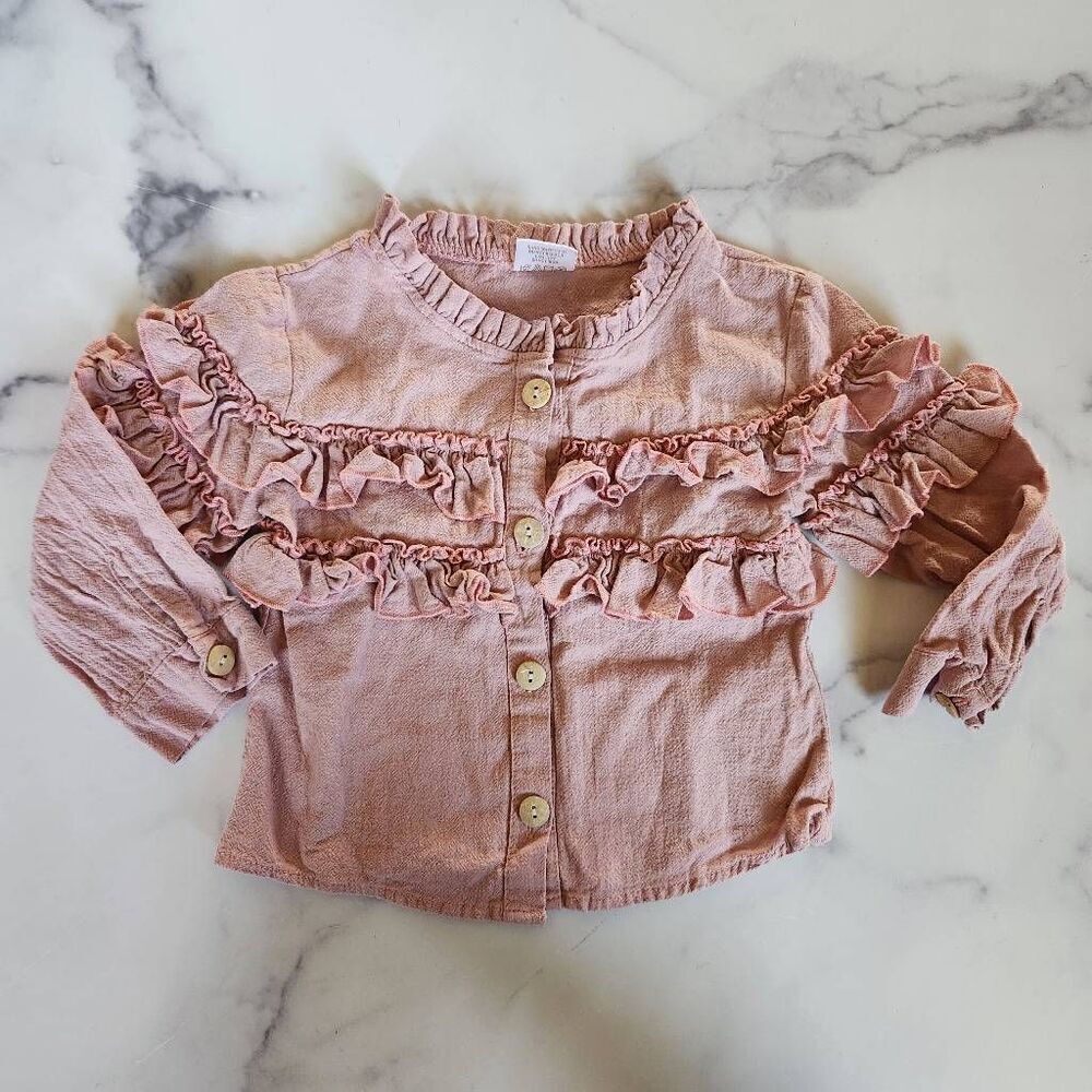 Toddler girls mauve pink 2-3T ruffle button up high neck long sleeve girly shabb